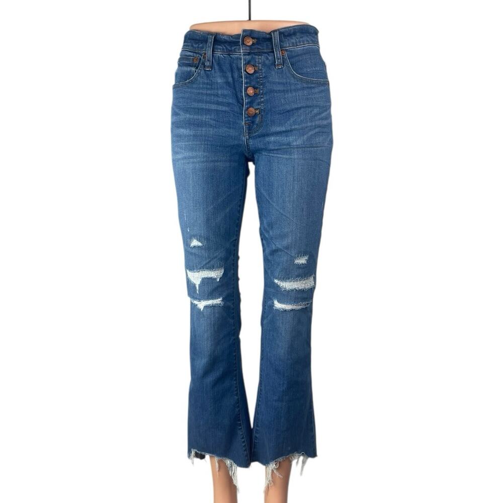 Madewell Cali Demi Boot Blue Distressed Button Fly Bootcut Flared Denim Jeans 25